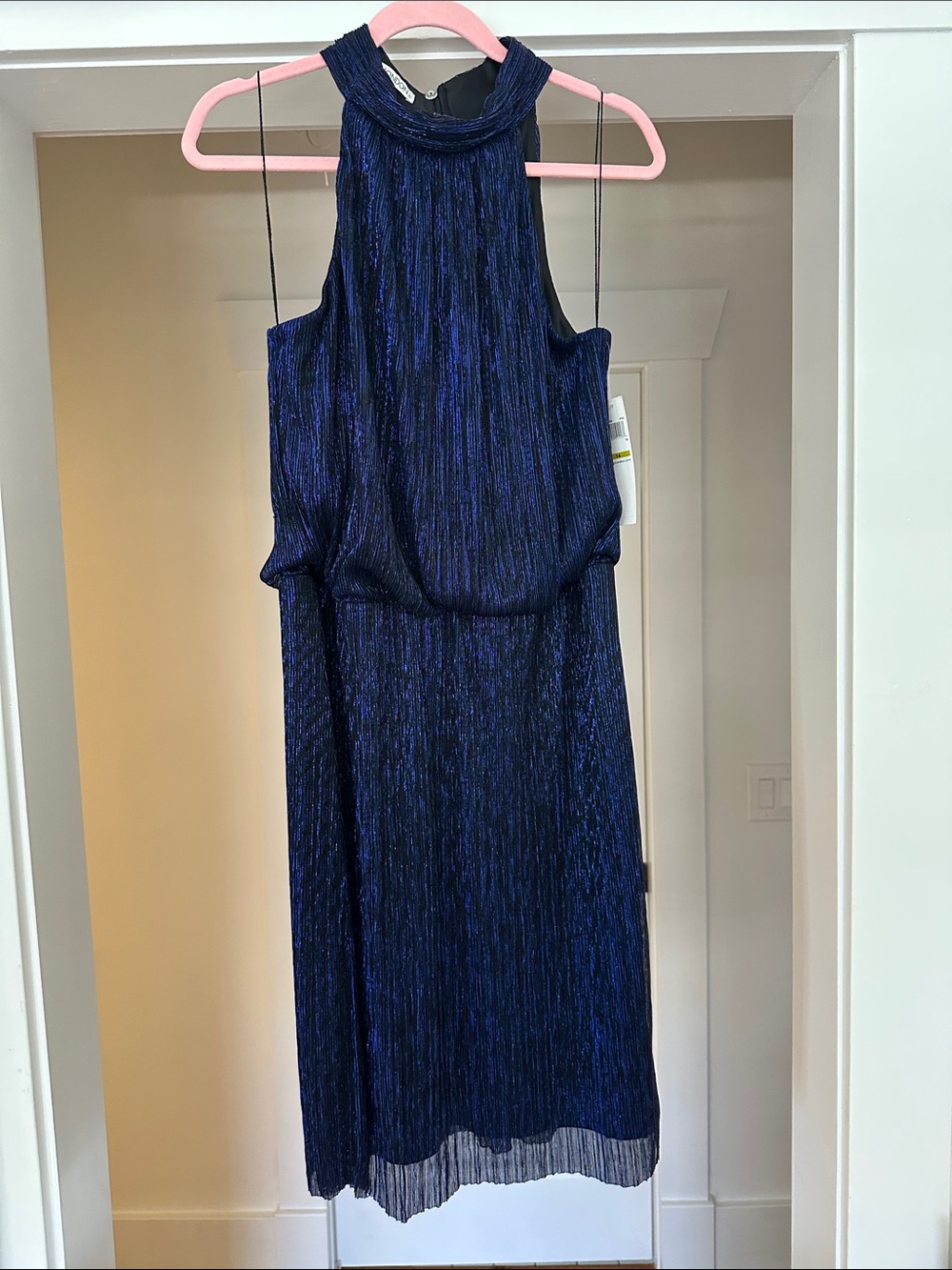 Maggy London Navy Metallic Pleated Midi Dress